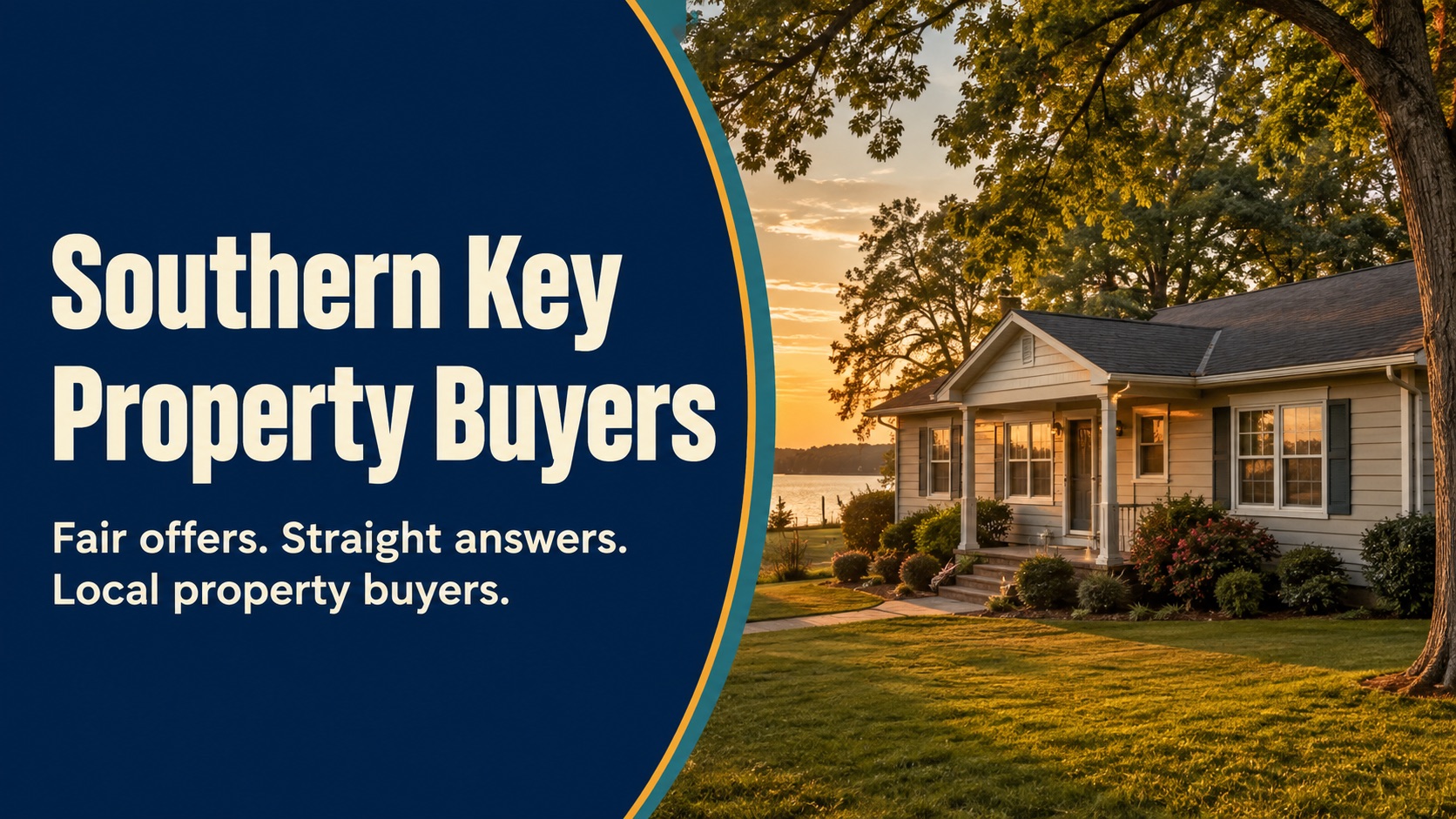 A modest Alabama home at sunset beside the Southern Key Property Buyers message
